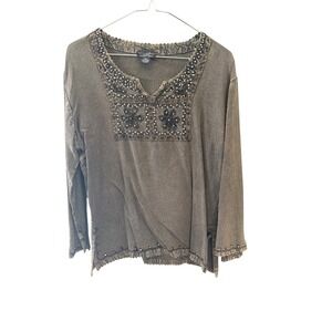 SOHO Clothing Company Womens Acid Wash Boho Beaded Embroidered Tunic Top Grey OS